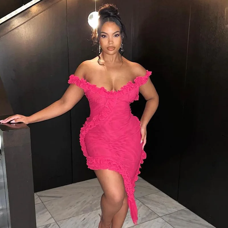 

Women Sexy Off Shoulder Ruffles Dress Female Backless Strap Sleeveless Bodycon Mini Dresses Elegant Evening Party Vestido