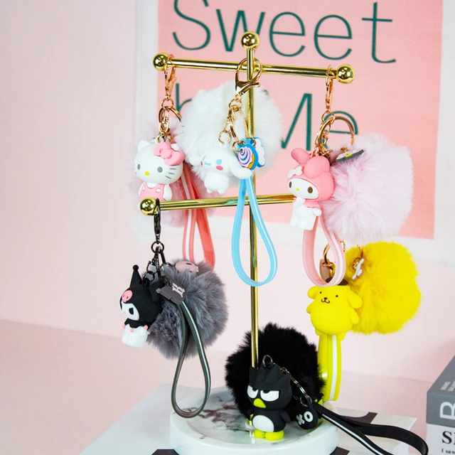 Hello Kitty Cute Sanrio Kuromi Penguin Frog Dog Cat Keychains with Fluffy Rabbit Fur Ball Women Girl Bag Pendant Keyring Gifts 6