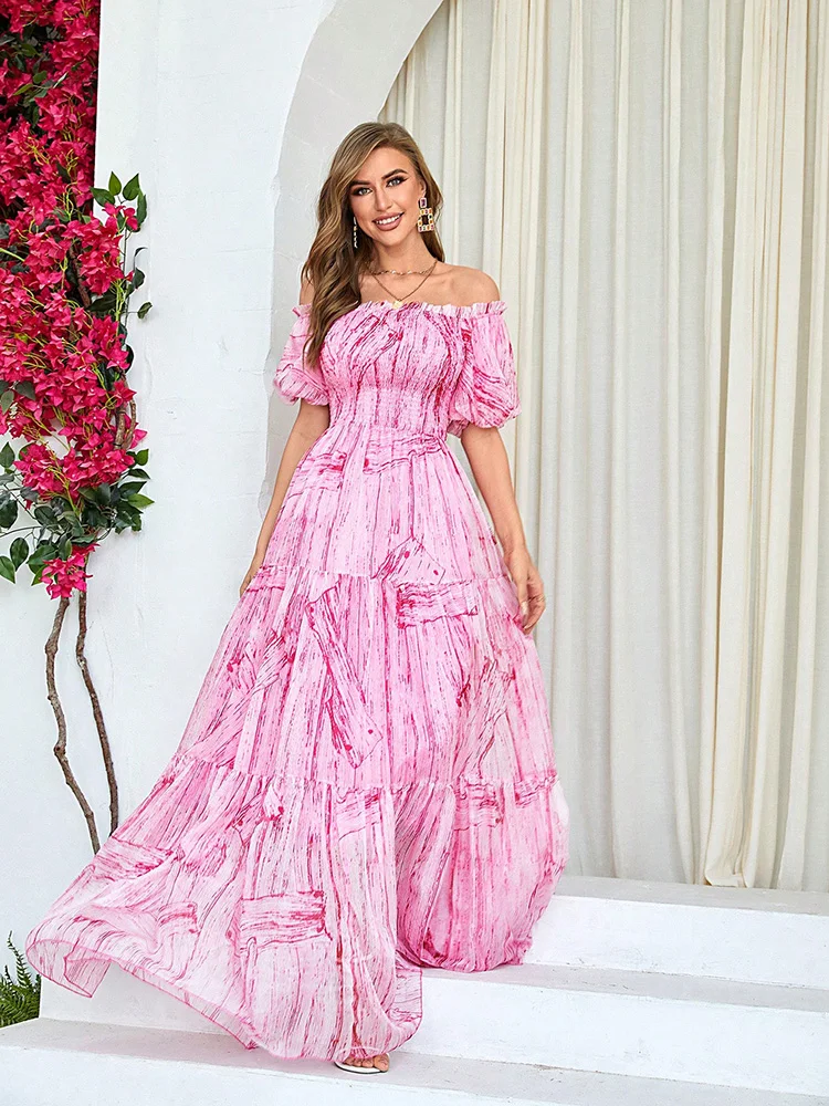 

TOLEEN Women's Off-Shoulder Puff Sleeve Maxi Dress Summer 2024 Sexy Pink Elegant Chiffon Fashion Bohemian Holiday Long Dresses