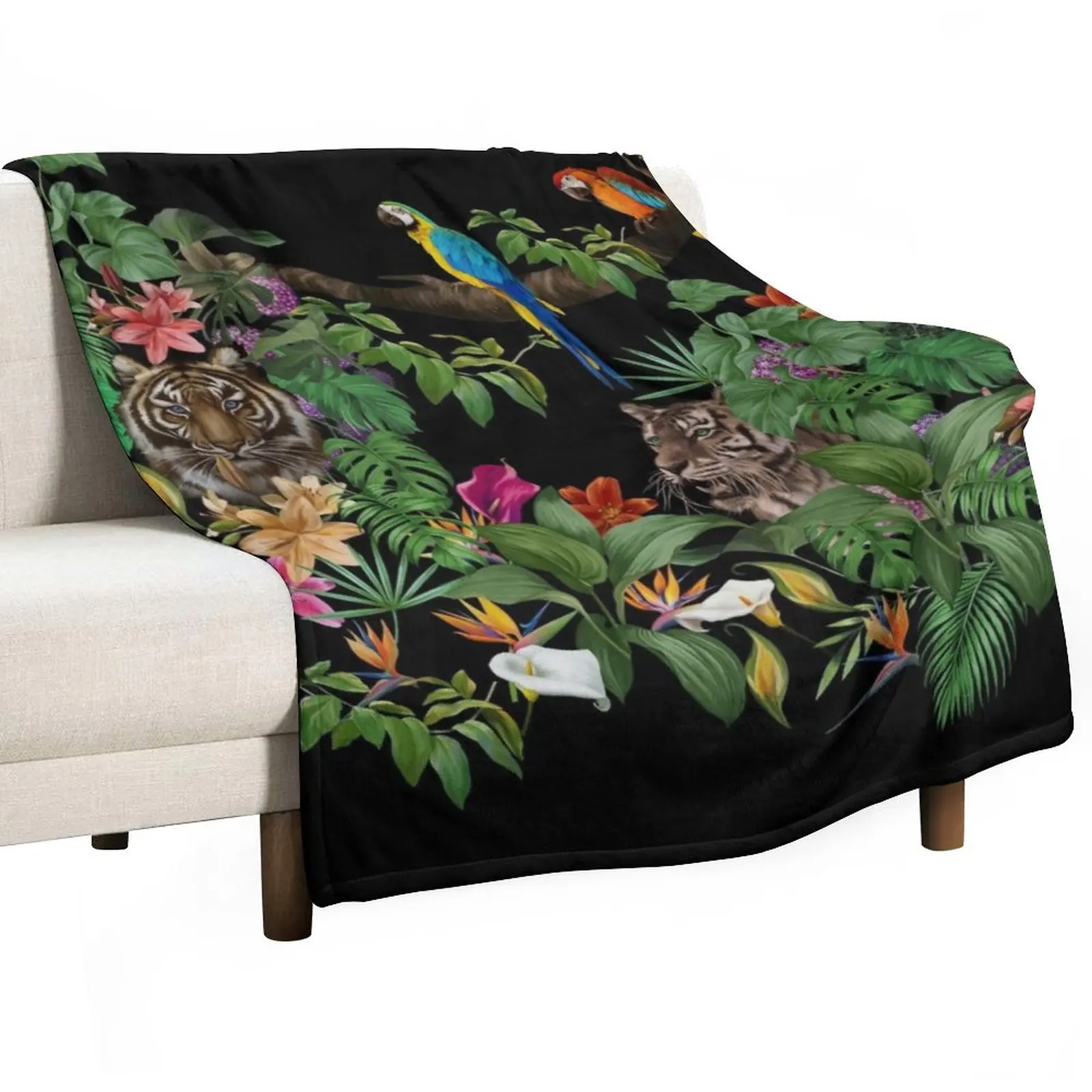 

Jungle pattern.Leopard and parrot ,tropical leaves and flowers.Dark exotic forest. Throw Blanket Polar cosplay anime Blankets
