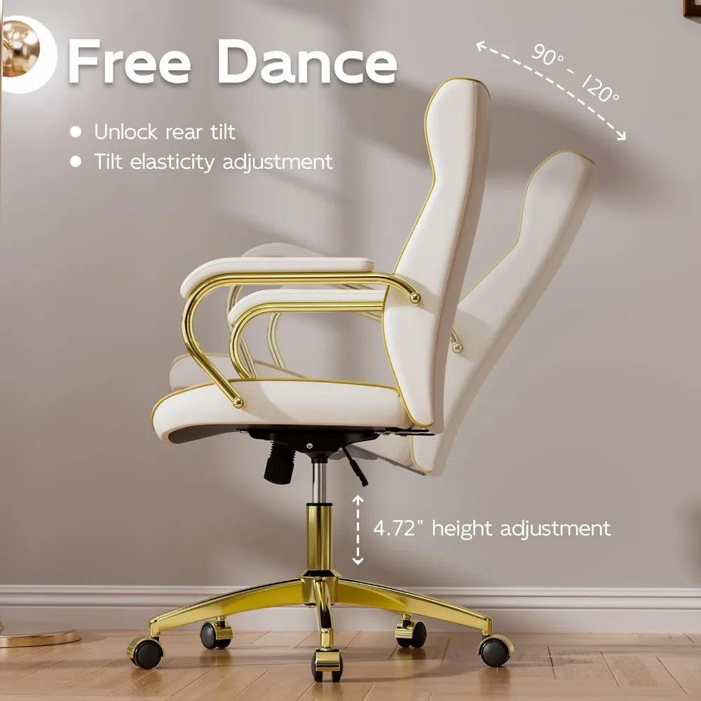 White and Gold Office Chair with Soft Leather Embroidery, Mid Back Vintage Swivel Executive Desk Chair with Wheels and Padded 5
