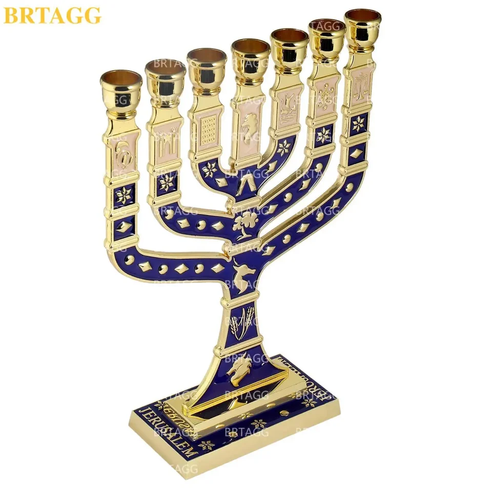 Menorah A 7 Bracci In Oro Con Base Esagonale - Decorata Con Le 12 Tribù Di Israele - Foto 8
