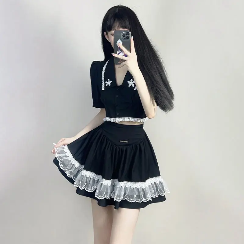 Women Sweet Sets Summer Korean Fashion Sexy Lace Puff Sleeve Shirt Cropped Tops+High Waist Slim Mini Skirts 2 Piece Suits Mujer luckymarche le match graphic cropped t shirt qwtax23351nyx