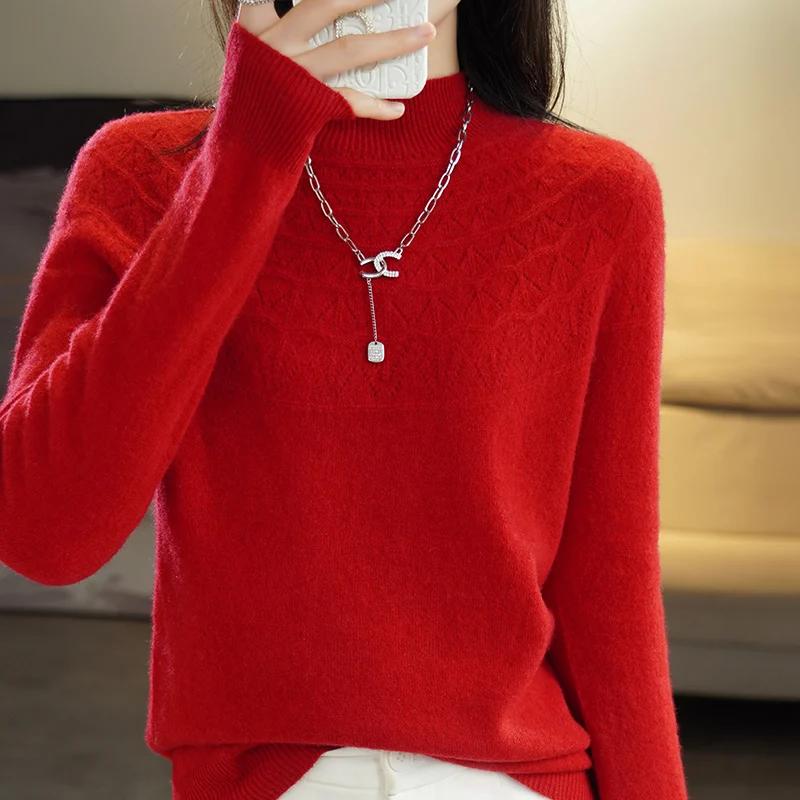 

New Autumn And Winter Hollow Knitted Sweater Women's Half-Turtleneck Loose Pullover Long Sleeve Versatile Bottoming Shirt Top