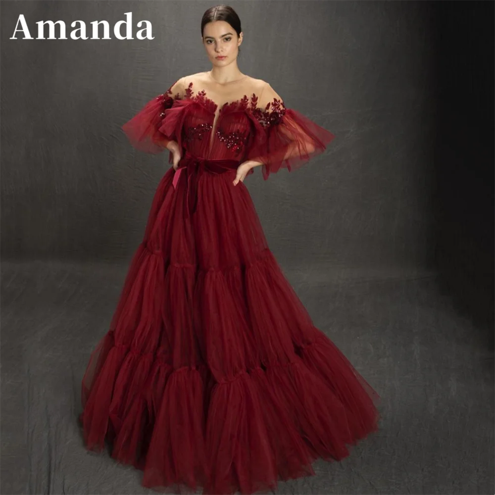 

Amanda Puffy Sleeve A-line Vestido De Novia Burgundy Sequins Embroid Prom Gown Multilayer Prom Dress Princess Maxi فساتين السهرة