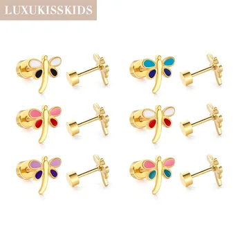 LUXUKISSKIDS 잠자리 스터드 귀걸이, 믹스 컬러 곤충 아크릴 쥬얼리 트위스트 백, 스테인리스 스틸, 다채로운 어린이 선물, 도매