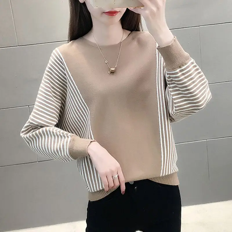 

Knitted Blouse Female Pullovers Sweaters Autumn Winter Undercoat Color Blocking Jumpers Korean Long Sleeve Loose Round Neck D132