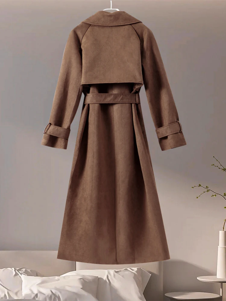 女性用ベルト付きスエードレザーロングコート,ヴィンテージラペル,ダブルブレストオーバーコート,茶色のアウターウェア,ハイストリート,秋,新しい,2022 女性用ベルト付きスエードレザーロングコート,ヴィンテージラペル
