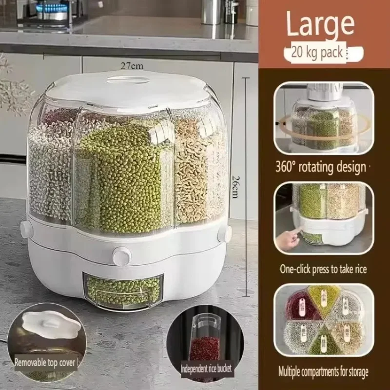 360 Degree Rotating Rice Grain Storage Container Dispenser Dry Cereal Kitchen Food Sealed Insectproof Bucket Kitchen Accessories 6