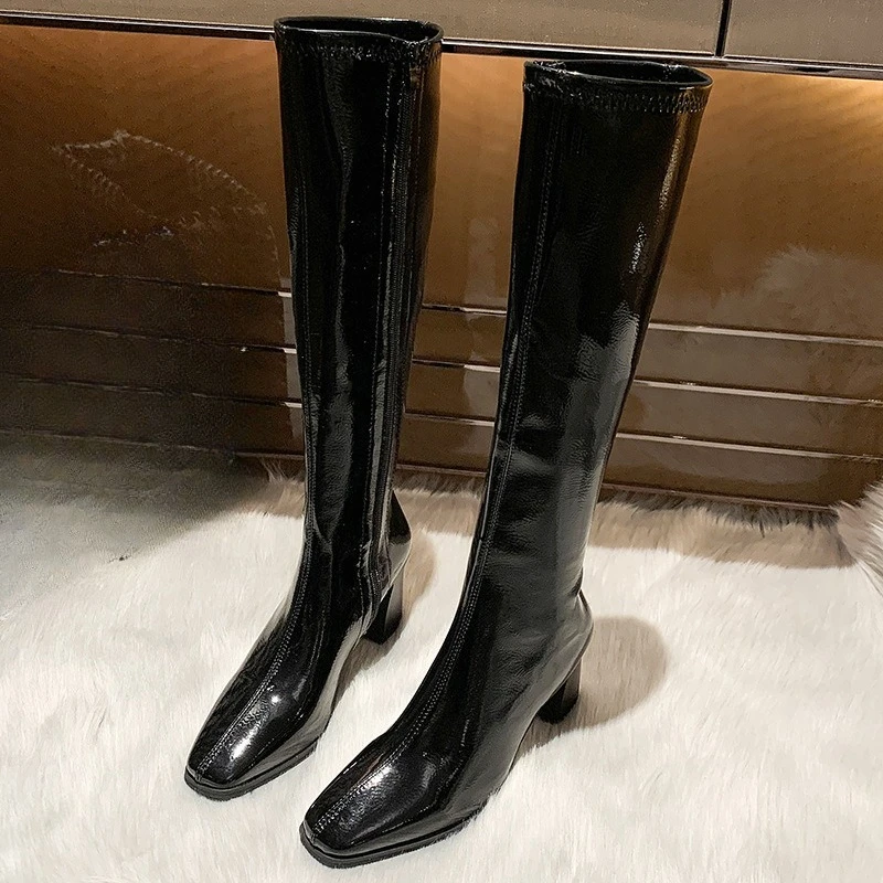 Women 2025 Platform Knee High Boots Autumn New Patent Leather Side Zipper Long Boots Woman Black High Heel Knight Botas Mujer