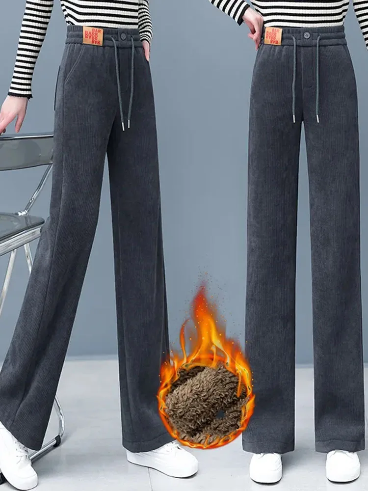 Winter Women's Casual Corduroy Wide Leg Pants Warm Plush Velvet High Waist Pantalones Baggy Plus Thick Fleece Straight Sweatpant