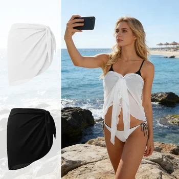 Women Short Sarongs Swimsuit Coverups Beach Bikini Wrap Sheer Short Skirt Chiffon Scarf Cover Ups for Swimwear 1