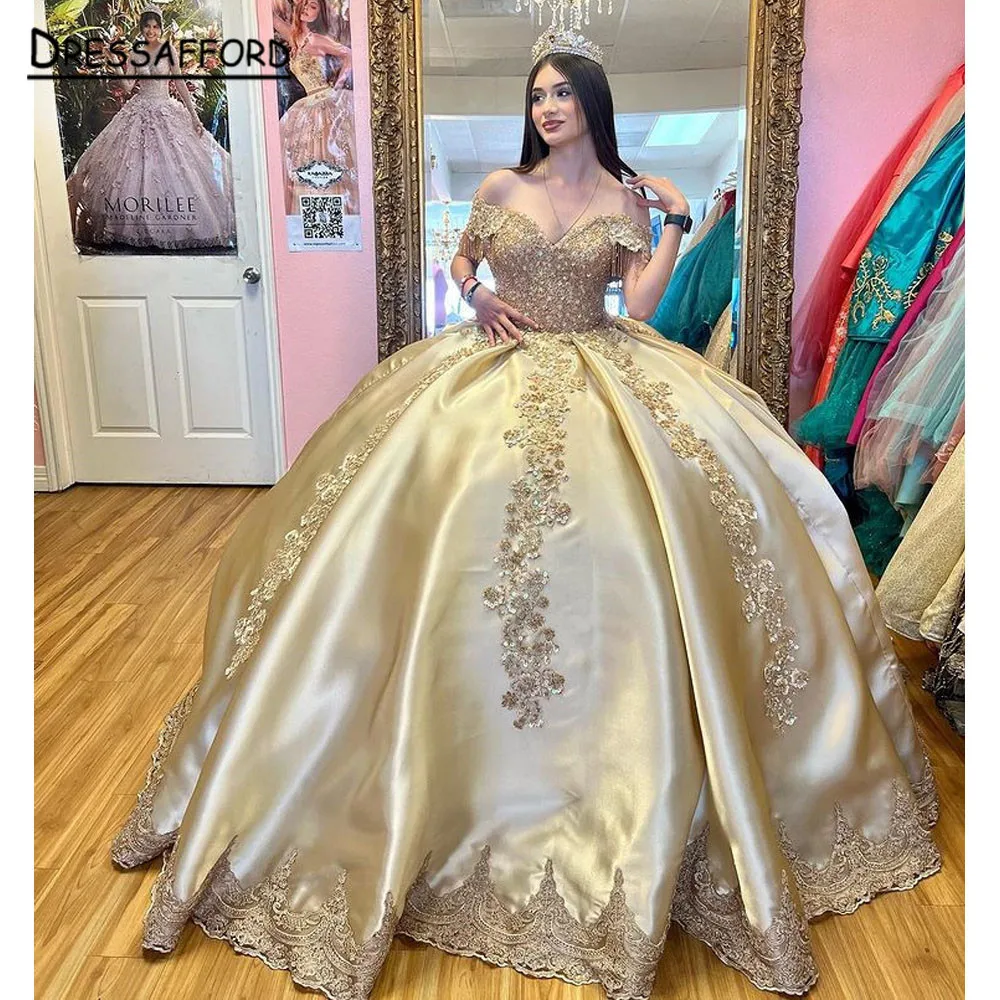 

Роскошные блестящие платья для Quinceanera, кружевное бальное платье с жемчугом и золотом, яркое платье 16 дюймов, вечерняя одежда