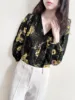Women V-neck Shirt Floral Printed Lady Long Sleeve Tops 100% Viscose