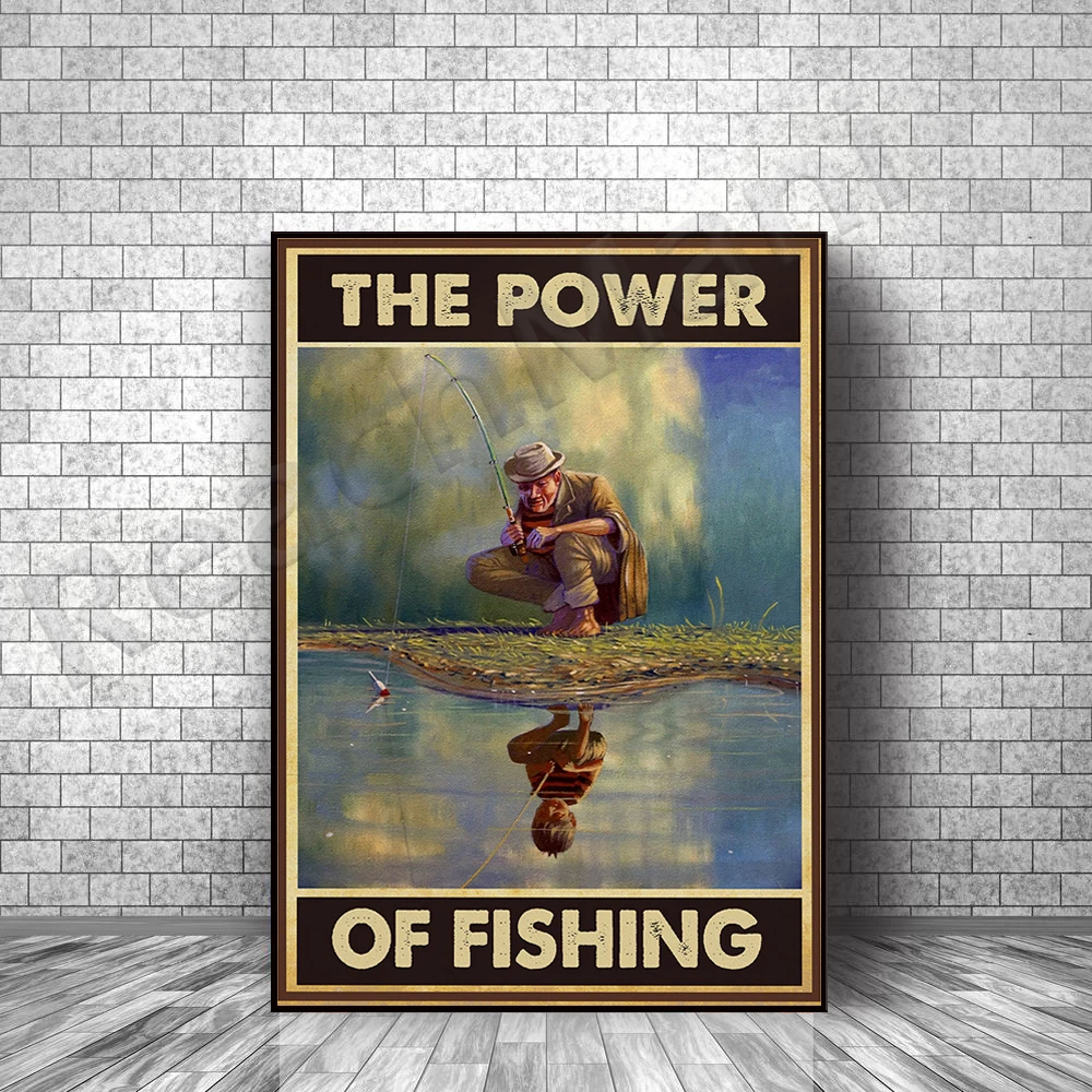 The power of fishing vertical poster, old man and little boy water mirror  wall art, vintage fishing wall decor