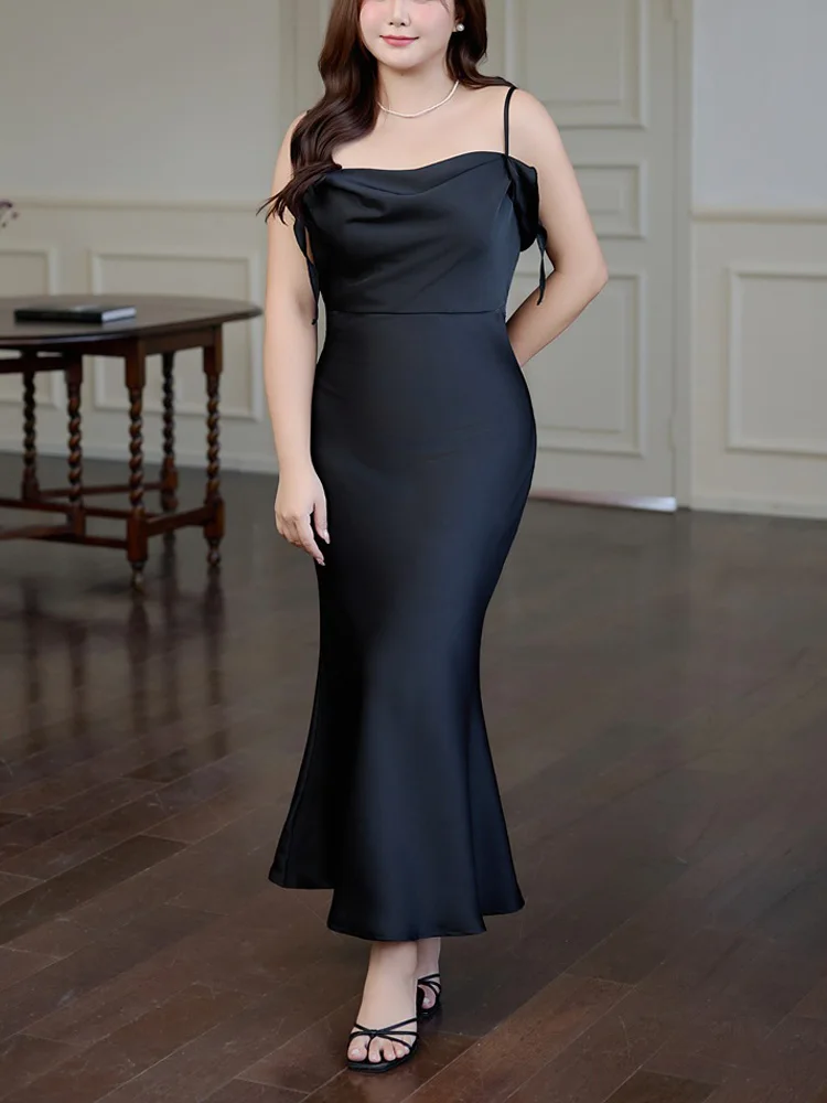 Ribbon Satin Swing Collar Plus Size Women Spaghetti Strap Mermaid Dresses Premium Backless Slim Fishtail Fairy Dress