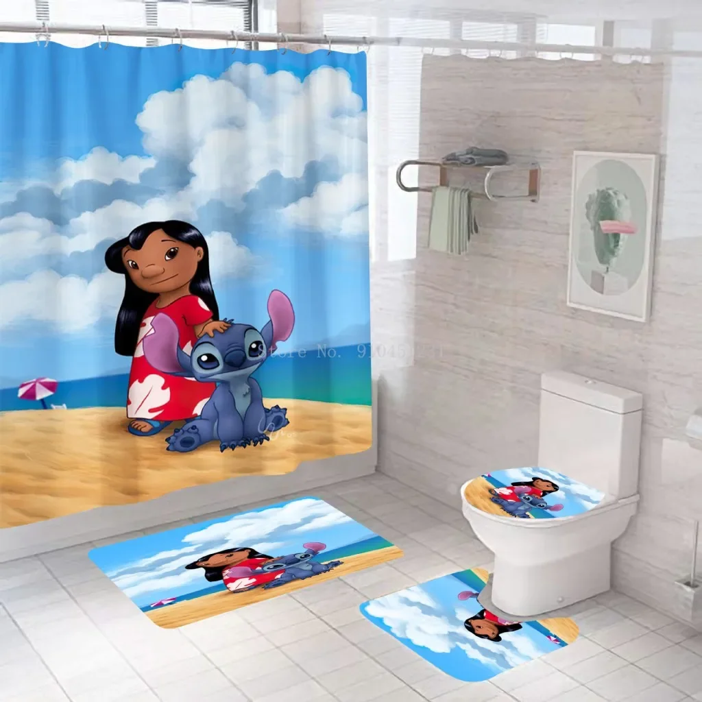 Disney 3D Lilo Stitch Bathroom Shower Curtain Waterproof Curtains Bathroom Hook Set Soft Bath Mat Toilet Carpet Rugs