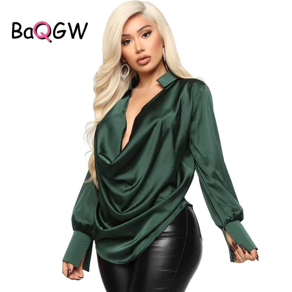 

BaQGW Spring Elegant Office Lady Ruffles Blouse Shirts for Women Casual T-shirt Long Sleeve Sexy Deep V Neck Oversized Tee Tops