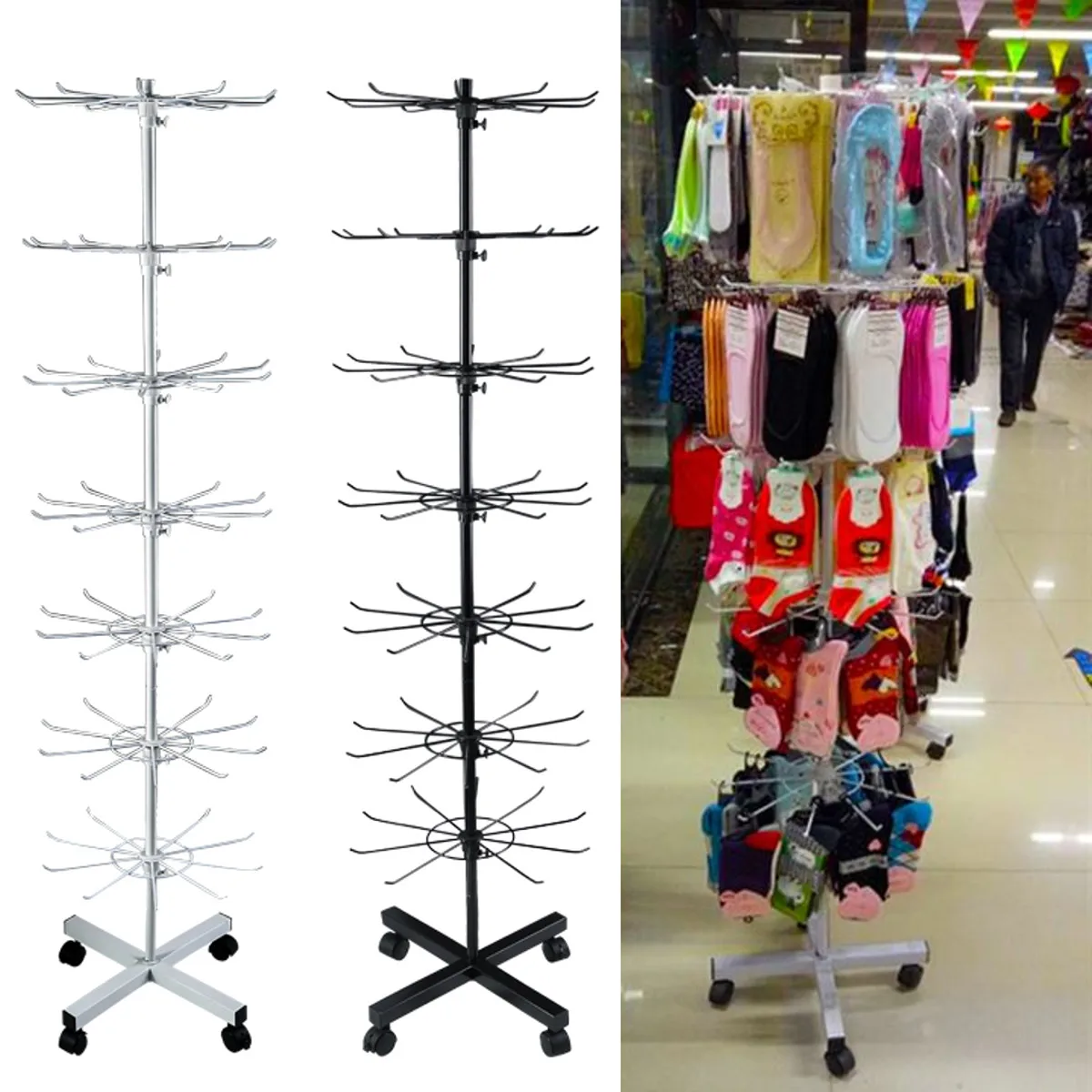 

7 Tiers 70 Hooks Rotating Rack Socks Hat Cap Display Stand Hanger Wig Scarves Bracelet Pendant Storage Holder Shelf Rack Shelves