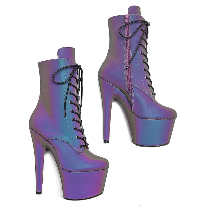 Leecabe 17CM/7inches Holographic Light reflected PU upper  Pole dancing shoes High Heel platform Pole Dance boot