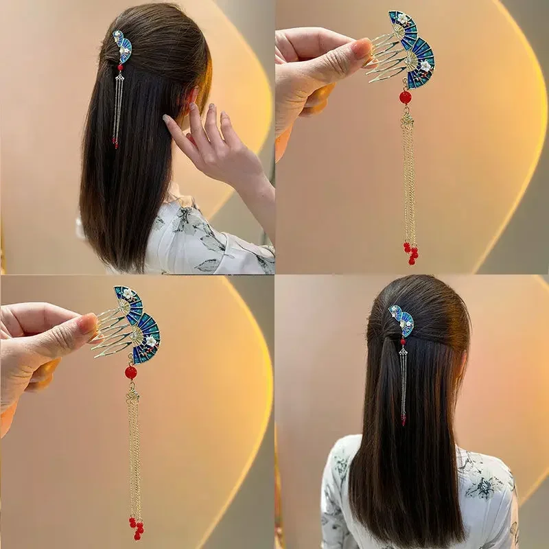 1 peigne à franges bleu et rouge en forme d'éventail, style rétro, épingle à cheveux pour femme, accessoire de coiffure pour mariage, style ancien_voghion.com