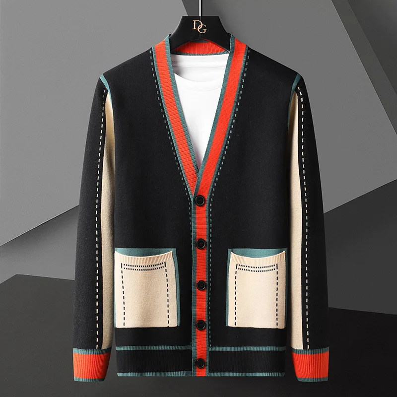 High Quality Contrasting Colors Line Decoration Knitting Cardigan Man Long Sleeve Slim Fit Sweater Cardigan Male Garment Coat nightclub male singer bar dj rock punk ds costume feather vest decoration ds performance costumes male