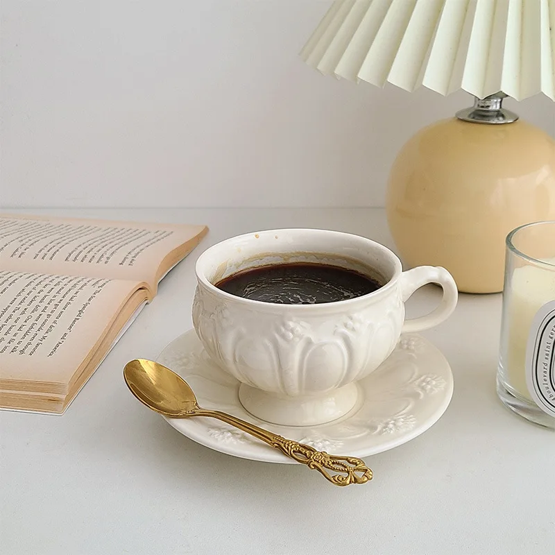 

Nordic style carving reusable ceramic cup, classic breakfast cup with decorative handle, wedding tea set