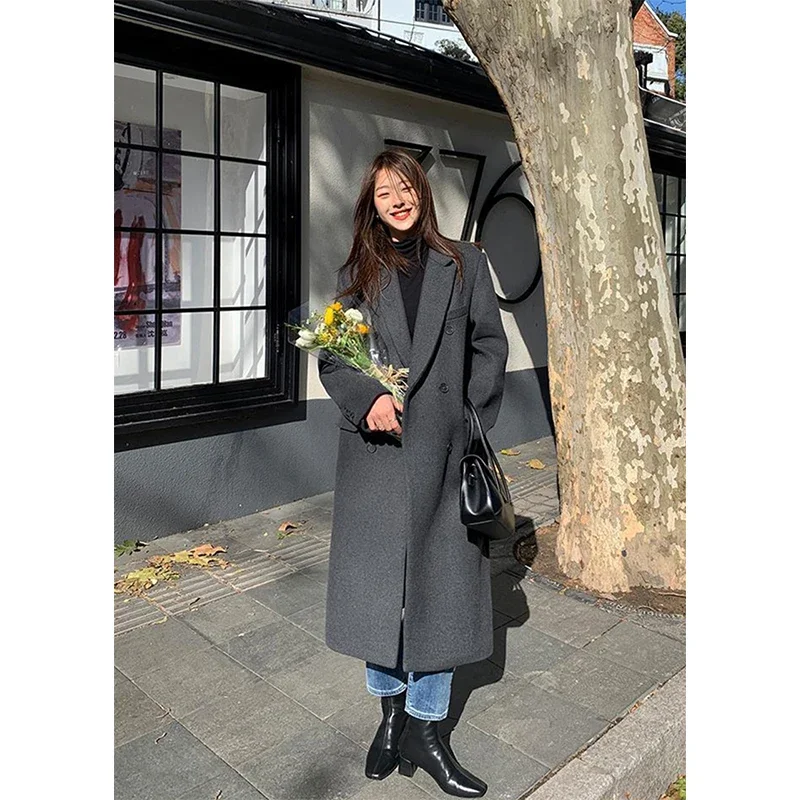 MEXZT Long Wool Blends Coats Women Streetwear Black Blazer Korean Quilted Woolen Jackets Winter Elegant Overcoat Thick Outerwear 2