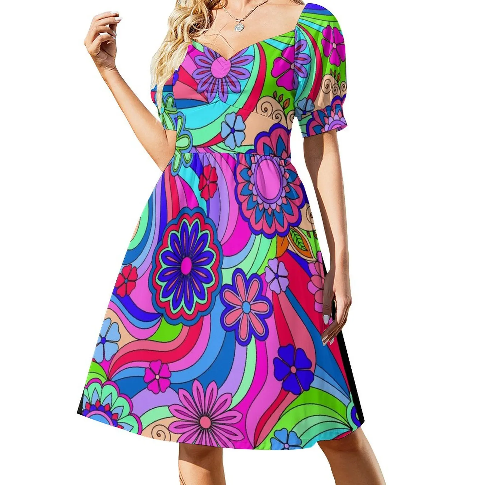 Vestido de manga corta con estampado floral hippie y moderno, estilo coreano, para mujer.