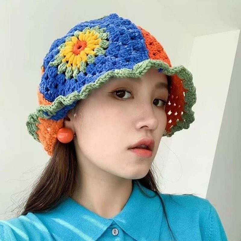 女性のための手作りのかぎ針編みの漁師の帽子 花柄の帽子 色を合わせる 日焼け止め 春と夏 バケツの帽子 Aliexpress