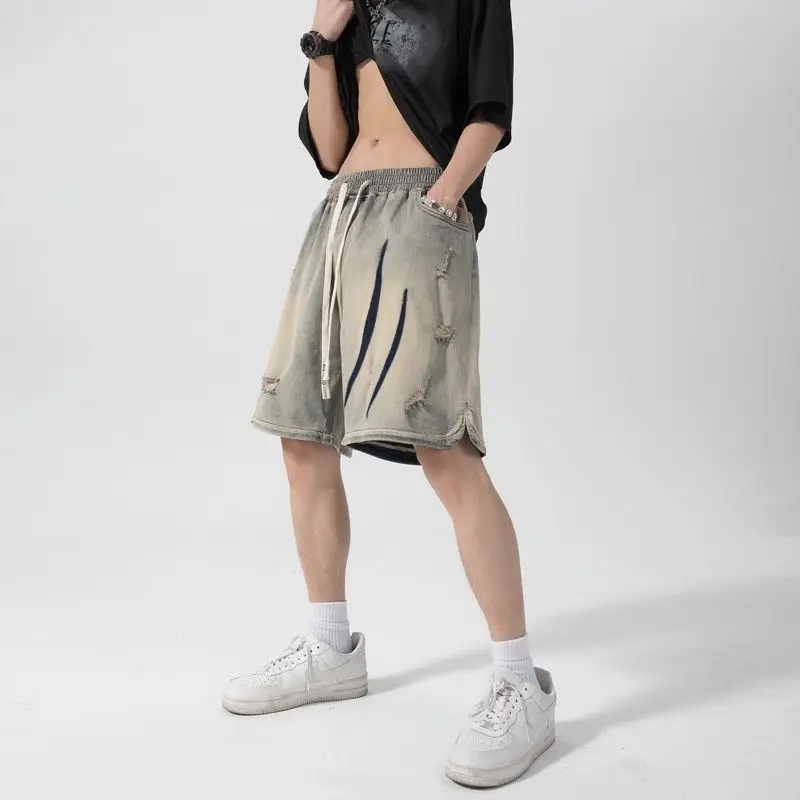 Yellow Mud-colored Old Denim Shorts Men's Washing Trendy American Retro Loose Street Hip-hop Ripped Five-point Pants