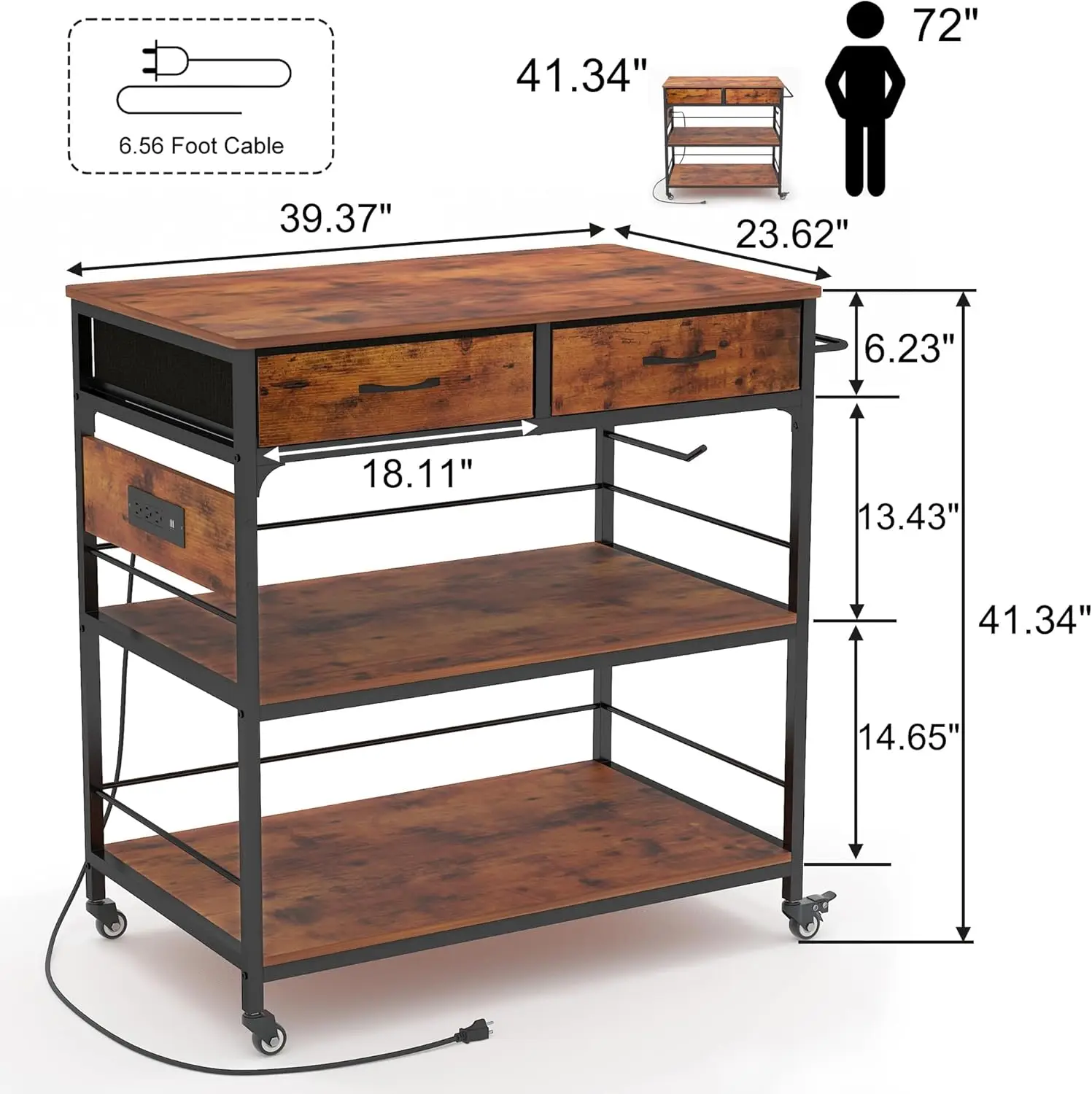 Island with Storage,Rolling Kitchen Island Cart with Power Outlet,Industrial Kitchen on Wheels,Kitchen Cart for Home,Outd