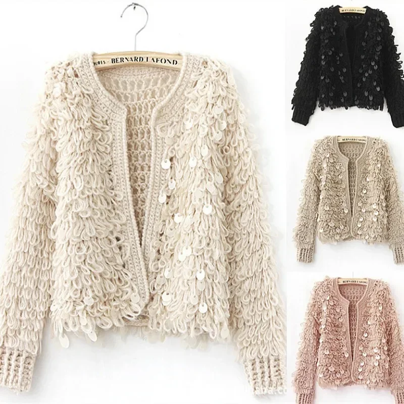 

Woman Sequins Mohair Hollow Knitted Cardigan Sweater Tassels Jacket Sequined Fashion Short Coat Open Stitch Streetwear