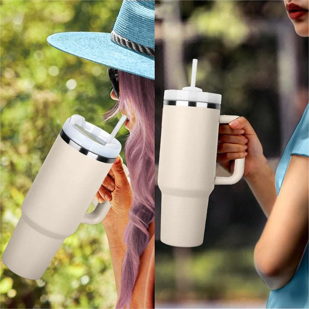 손잡이가 달린 맞춤형 40 oz 텀블러, 스테인레스 스틸 물병 빨대 진공 보온병 컵, 대용량 여행 자동차 커피 머그잔 로고