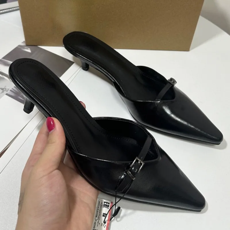 Women Slingbacks Sandals summer Pointed Toe Chic Buckle Black Party High Heels Lady Mules Shoes