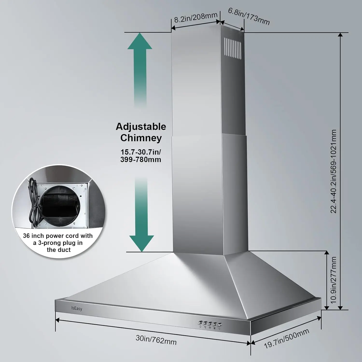 Hood 30 inch, Wall Mount Vent Hood 500 CFM with Ducted Convertible Ductless Kitchen Hood in Stainless Steel, 3 Spee 3