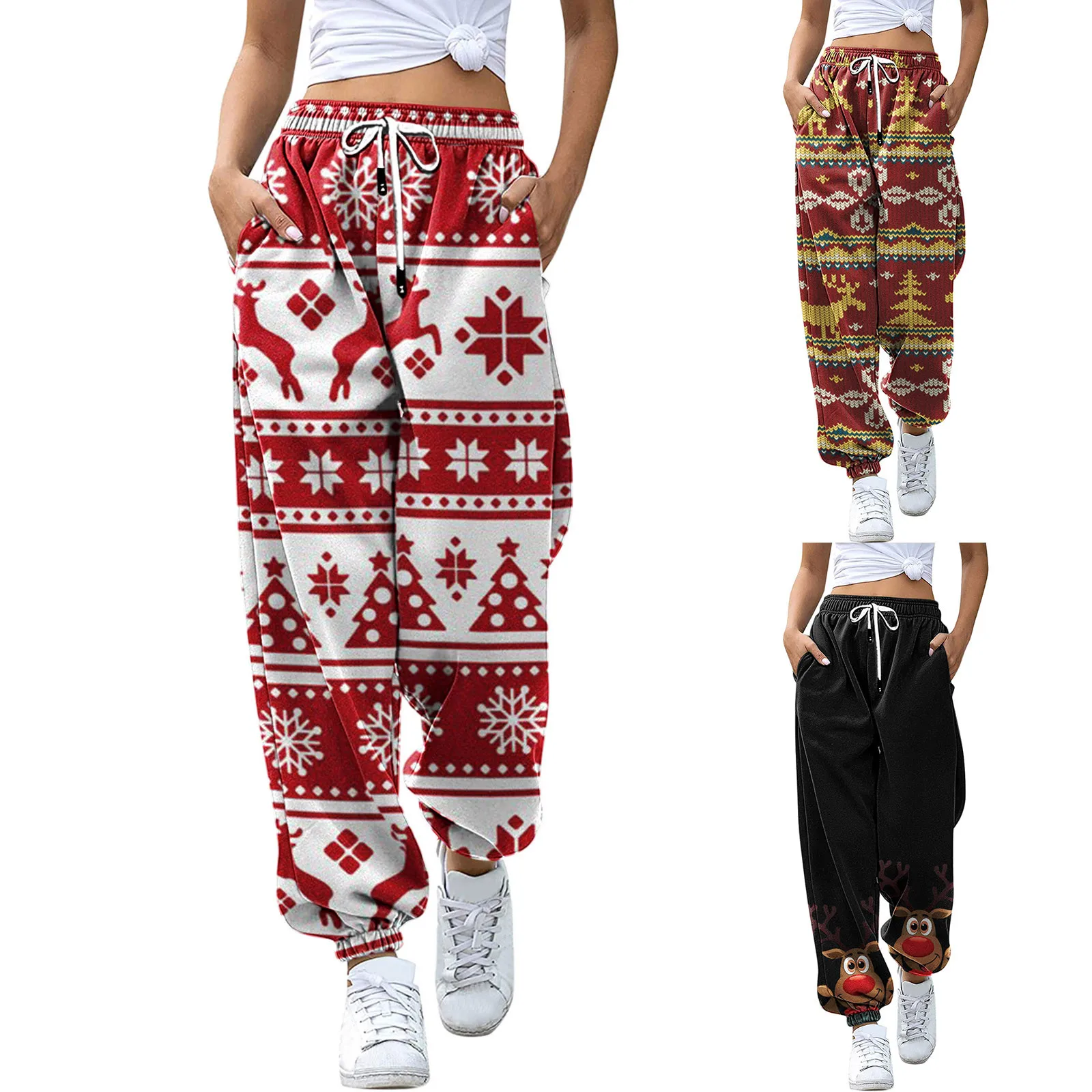 

Christmas Pants Women Fashion Joggers Wide Pants High Waist Santa Claus Trousers Snowman Cargo Pants Snowflake Sweatpant Bottoms