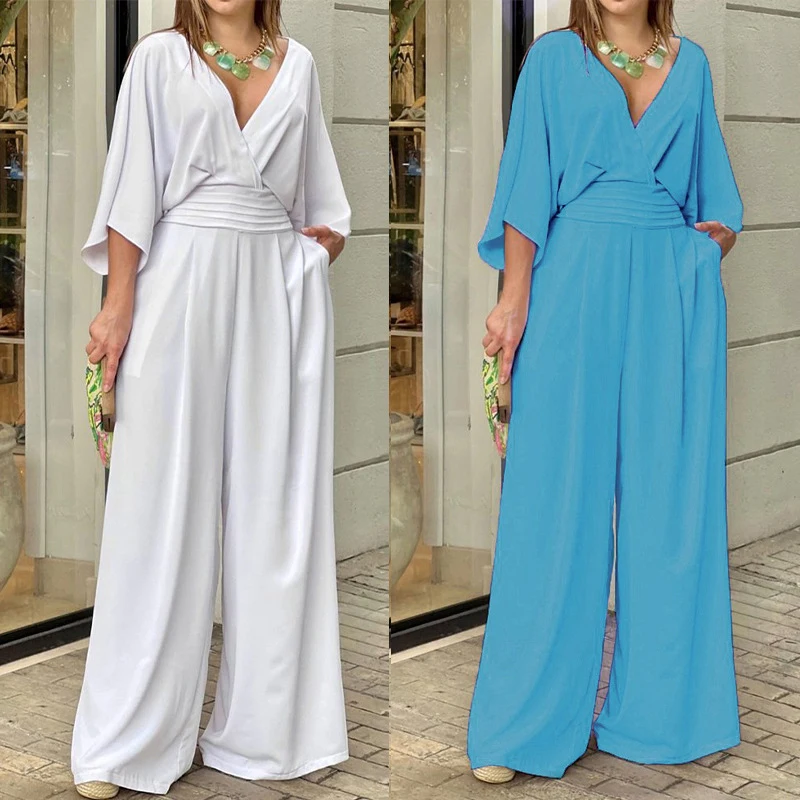 

Women's Summer New Solid Color Fashion Deep V-Neck Short Sleeve Casual High Waist Flare Wide Leg Jumpsuit