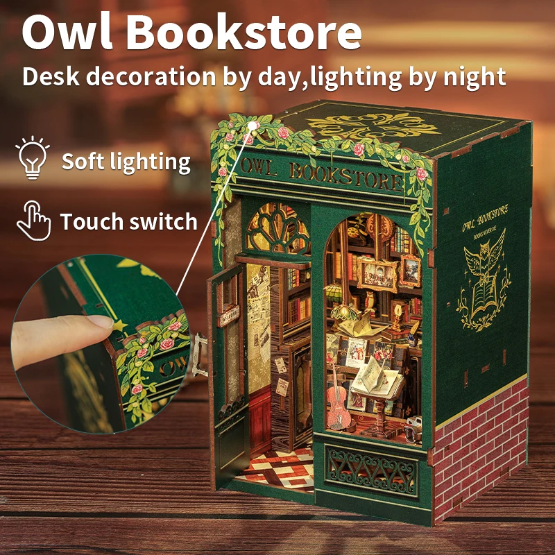 CUTEBEE DIY Book Nook Miniature Wooden Dollhouse with Lights Bookshelf Insert Kit 3D Bookend Decor Toys for Gifts Owl Bookstore 2