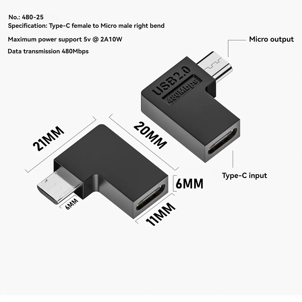 C타입 암에서 마이크로 수 USB 2.0 어댑터, 마이크 인터페이스, 480Mbps 데이터 변속기, 10W 고속 충전 어댑터