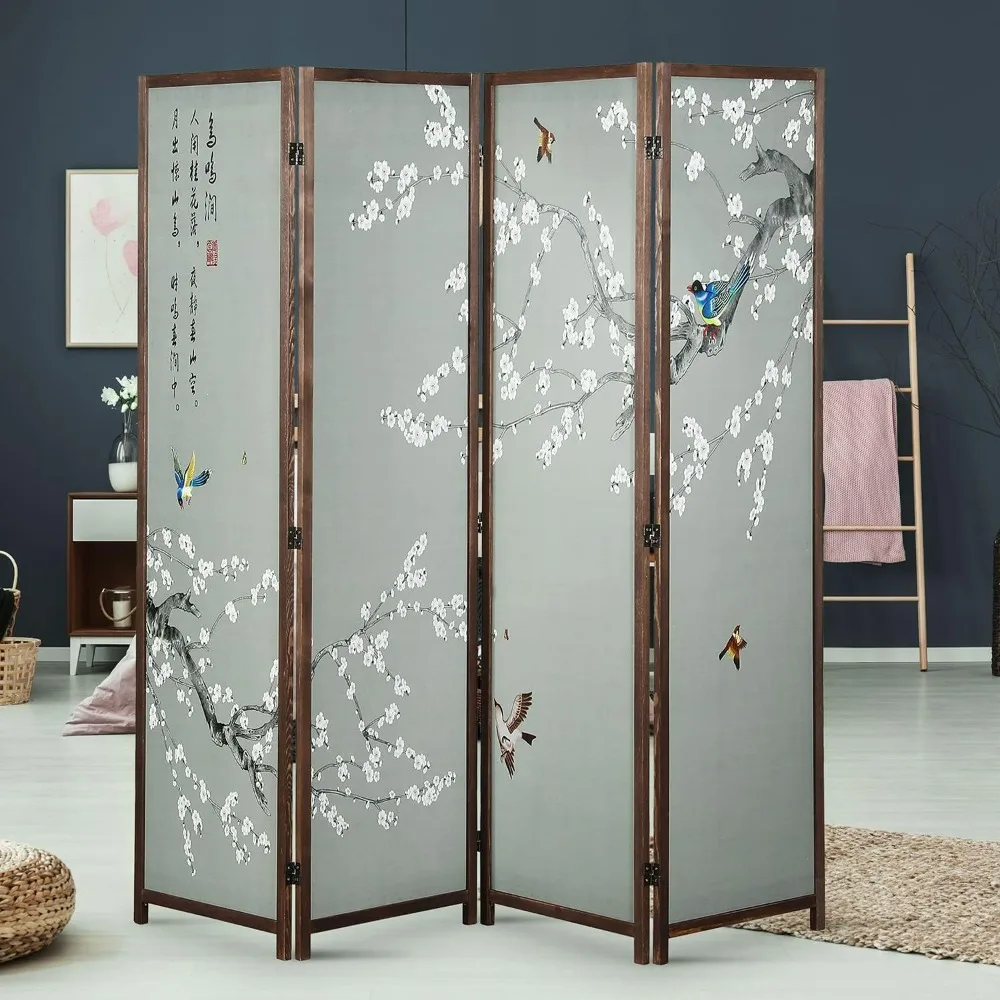 Asian-Inspired Cherry Blossom and Bird Folding Room Divider with Poetry Calligraphy on Brown Wooden Frame