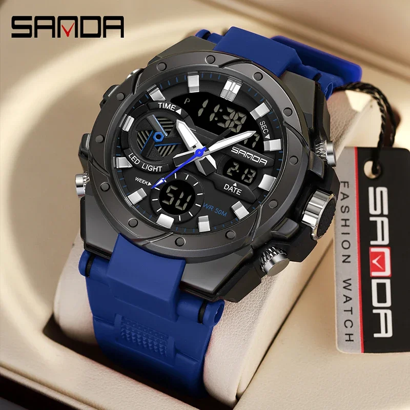 

Sanda 3313 Youth Fashion Trendy Military Men's Multi functional Night Light Dual Display Waterproof Electronic Watch