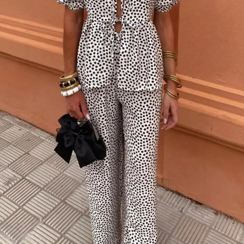 

Повседневный женский костюм, шикарный женский кардиган с V-образным вырезом, топ с коротким рукавом и широкие брюки с принтом для повседневной носки, летняя одежда для поездок