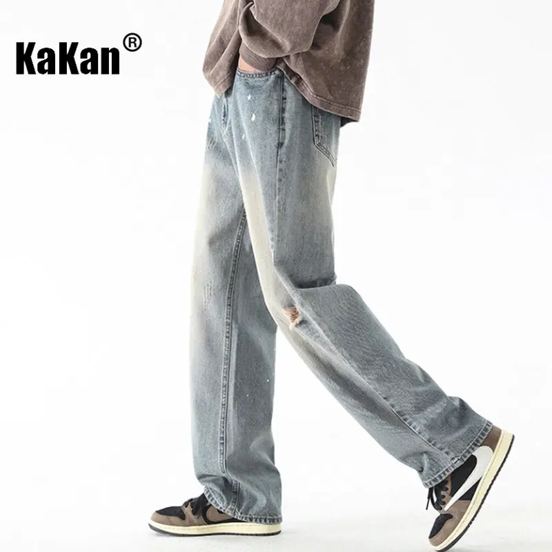 Kakan - New High Street Vintage Washed Hole Jeans Men's Wear, Loose Straight Leg Long Jeans K24-D02