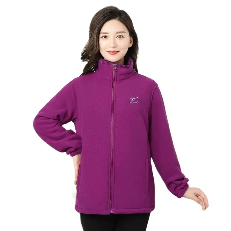 

Middle-Aged Mother's Polar Fleece Stand Collar Jacket Autumn Winter Thicken Loose Coat Female Zipper Outwear Keep Warm Top 5XL