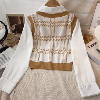 منقوشة المرقعة وهمية قطعتين القمم الإناث الخامس الرقبة بلوفر مغزول الخريف الشتاء Vintage تنوعا سليم صالح طويلة الأكمام سترة 5