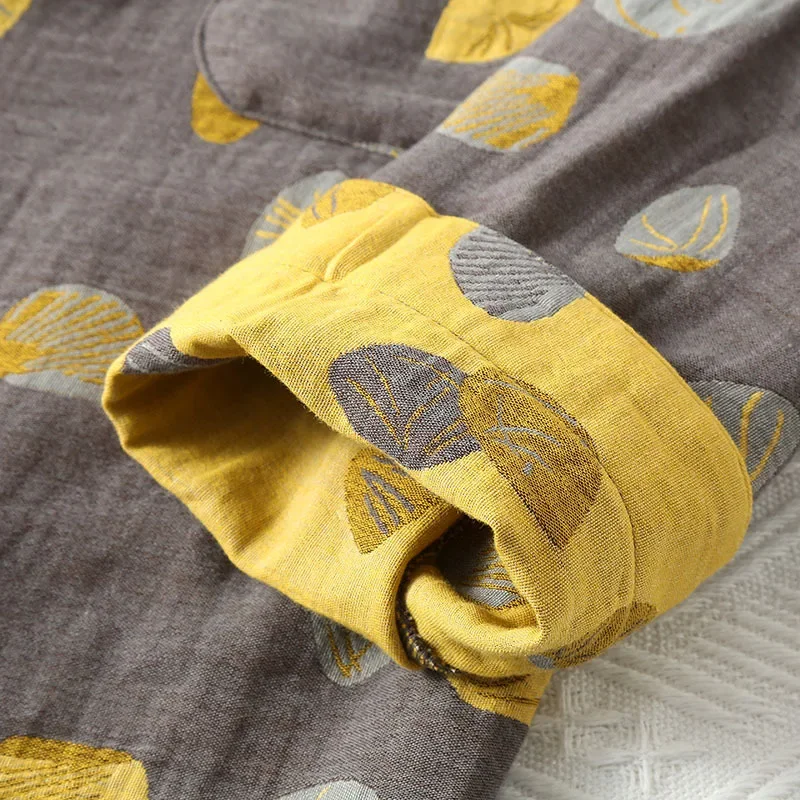 Cotton Double-layer Gauze Men's Long Sleeved Long Pants Spring and Autumn Homewear Leaves Printing 2 Pcs Pijama Hombre