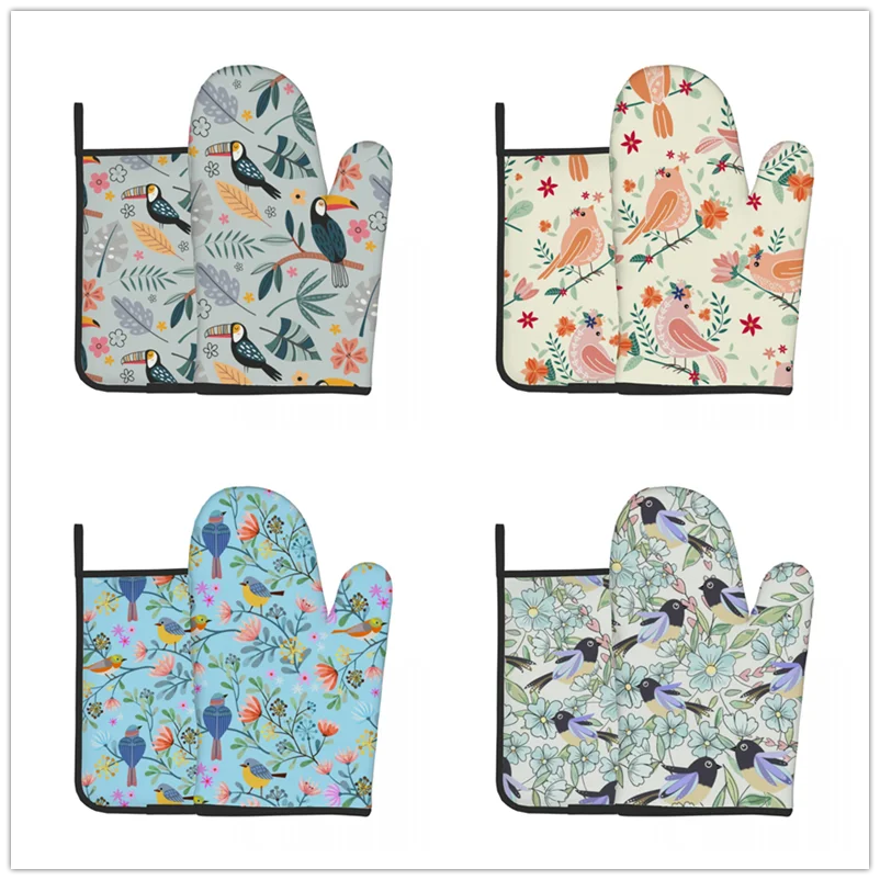 

Birds Pattern Microwave Oven Mitts And Pot Holders Set Kitchen Potholder Mats BBQ Insulation Gloves Oven Mitts Baking