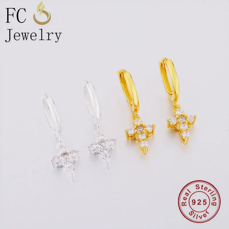 

FC Jewelry 925 Silver Rock Gold Color Cross Zirconia Bead Pendant Piercing Hoop Earring For Women Girl Belief Pendientes 2020
