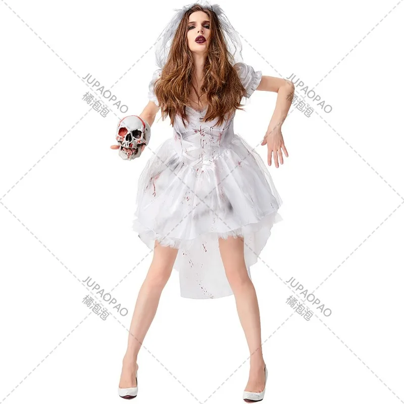 Zombie Death Bride Costume Adult Female Halloween Carnival Ghost Vampire Role Play Uniform, White Ghost Bride Blood Clothes